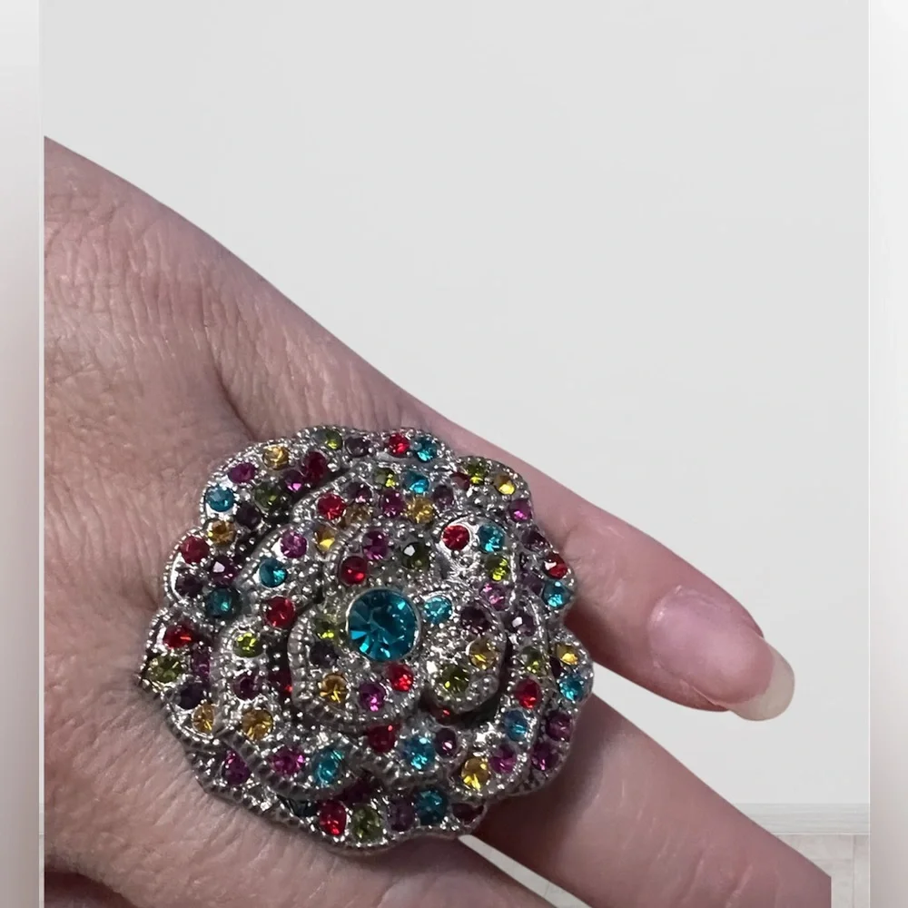 Multicolor Rhinestone Floral Statement Ring Vintage